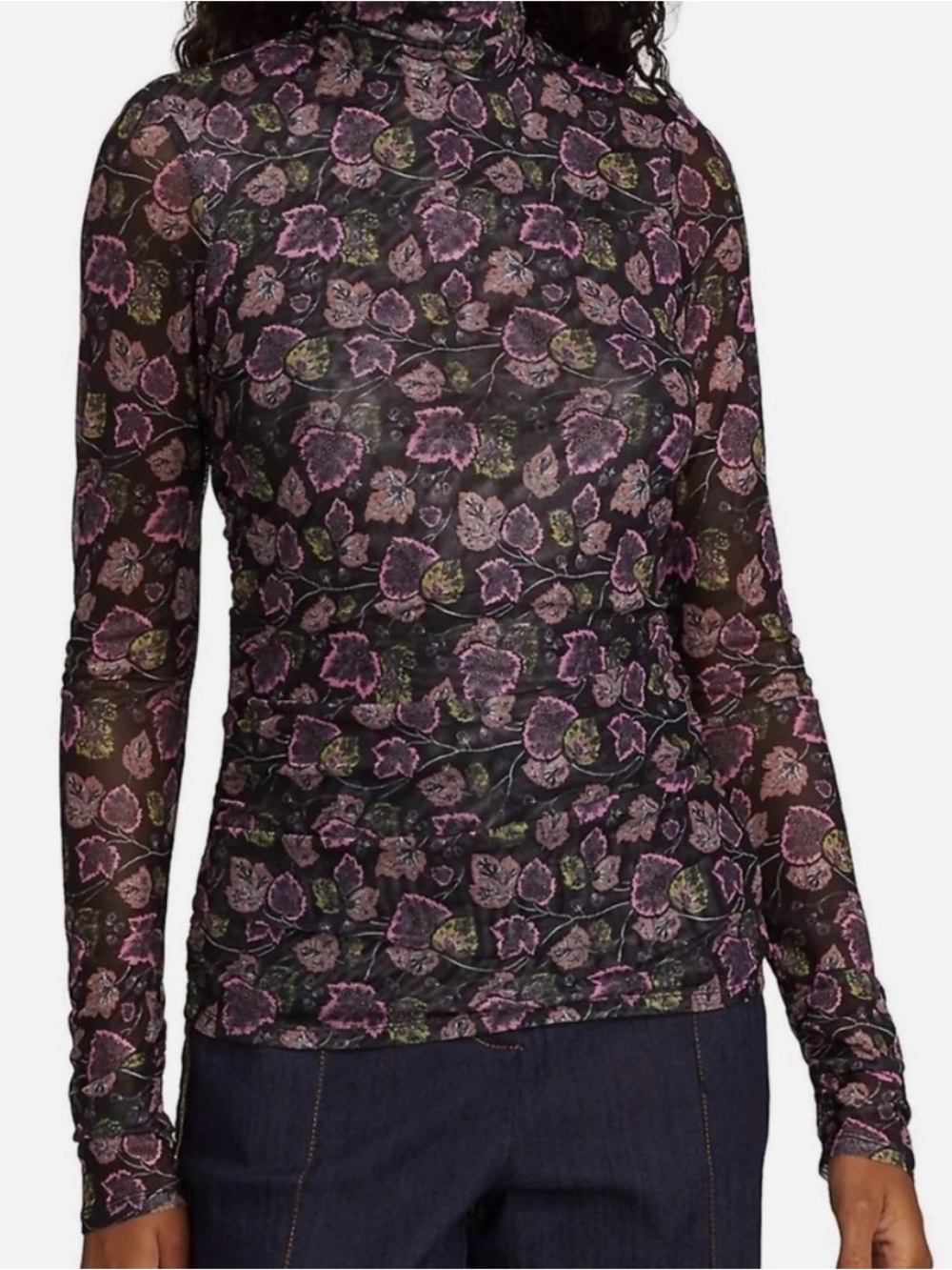 cinq a sept Shirred Sheer Mock Neck Top with Keyhole Closure